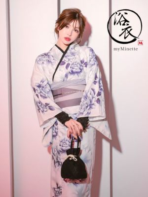 [セール][新作]浴衣 選べる帯白地 水彩 牡丹 ゆかた3点セット (浴衣+平帯or作り帯+下駄)