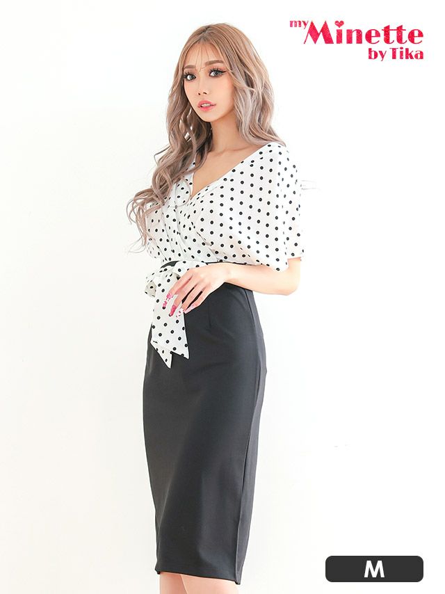 半袖 ドット柄 カシュクール シフォン リボン タイトドレス