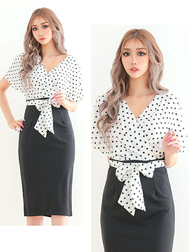 半袖 ドット柄 カシュクール シフォン リボン タイトドレス