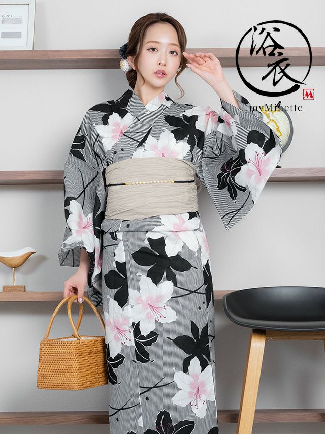 myMinette マイミネット レトロ 縞模様 モントーン 百合 ゆかた2点セット