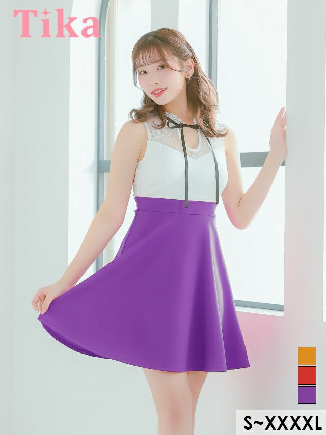 キャバドレス ミニ丈 キャバクラ クラブ ラウンジ デコルテフラワーレース ネックリボン ノースリーブ バイカラー 切り替え フレアミニドレス