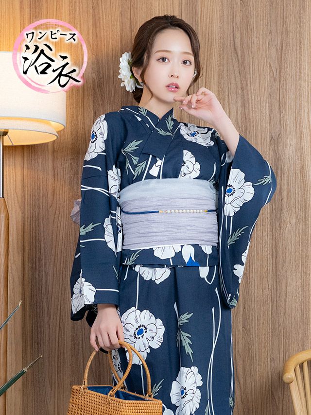 myMinette マイミネット 浴衣 ワンピース 紺地 線画 ポピー ゆかた3点セット