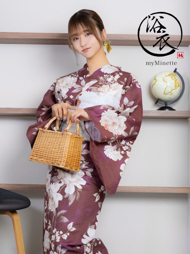 myMinette マイミネット レトロ ワイン ニュアンス 牡丹 ゆかた 3点セット