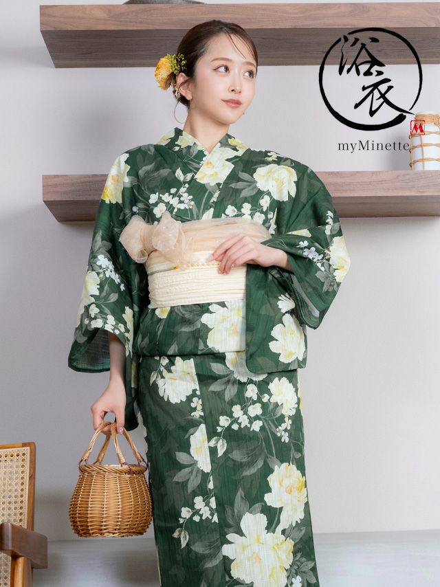 myMinette マイミネット レトロ 緑地 アンティーク 牡丹 ゆかた 3点セット