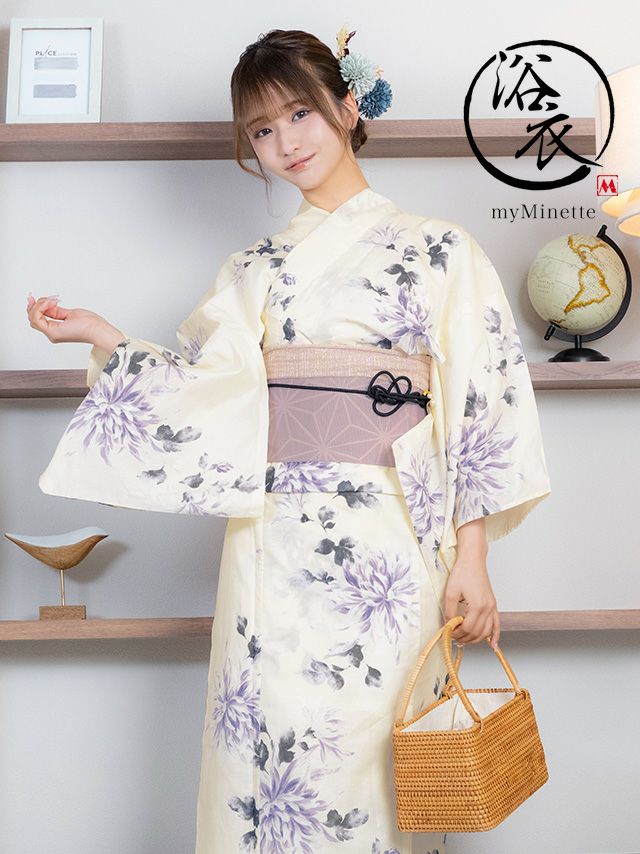 myMinette マイミネット浴衣 選べる帯 レトロ クリーム地 水彩 ライトブルー菊 ゆかた3点セット
