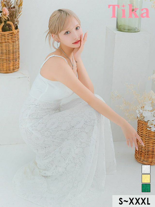 キャバドレス 安い 激安 ミニ丈 キャバクラ クラブ ラウンジ 【キャミソールカシュクール風クロス切り替えフラワーレースAラインロングドレス (Sサイズ～XXXLサイズ) (重川茉弥/キャバドレス着用)[Tika/ティカ]】 プチプラドレス