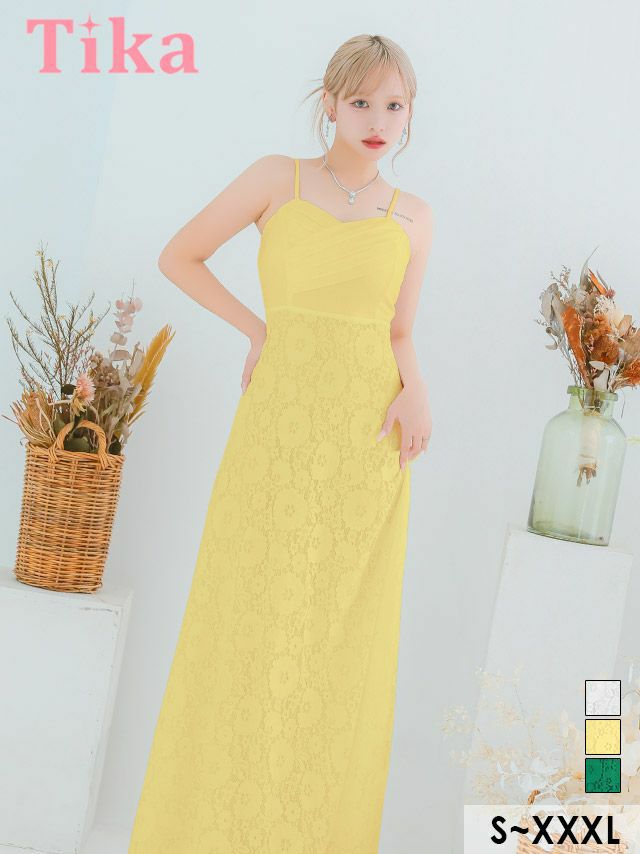 キャバドレス 安い 激安 ミニ丈 キャバクラ クラブ ラウンジ 【キャミソールクロスギャザー切り替えクラシカルフラワーレースAラインロングドレス (Sサイズ～XXXLサイズ) (重川茉弥/キャバドレス着用)[Tika/ティカ]】 プチプラドレス