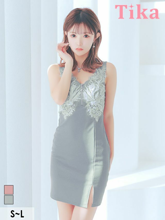 キャバドレス ミニ丈 キャバクラ クラブ ラウ Vネックビジュー刺繍シアー切替フロントジップノースリーブ背中魅せタイトミニドレス