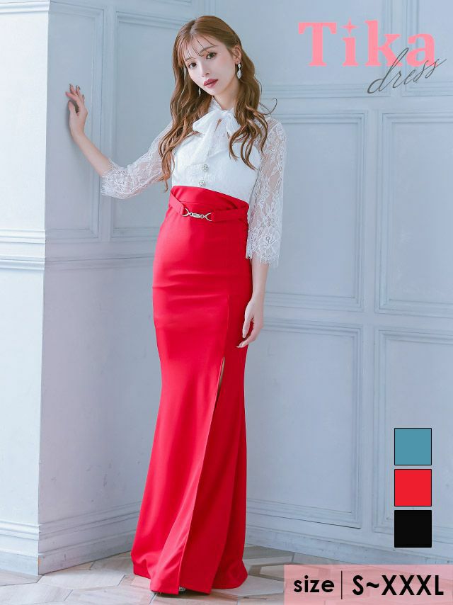 キャバドレス ロング丈 キャバクラ クラブ ラウンジ 袖あり 七分袖 ボウタイネックリボン スカラップレース ベルト付き ストレッチ タイトロングドレス