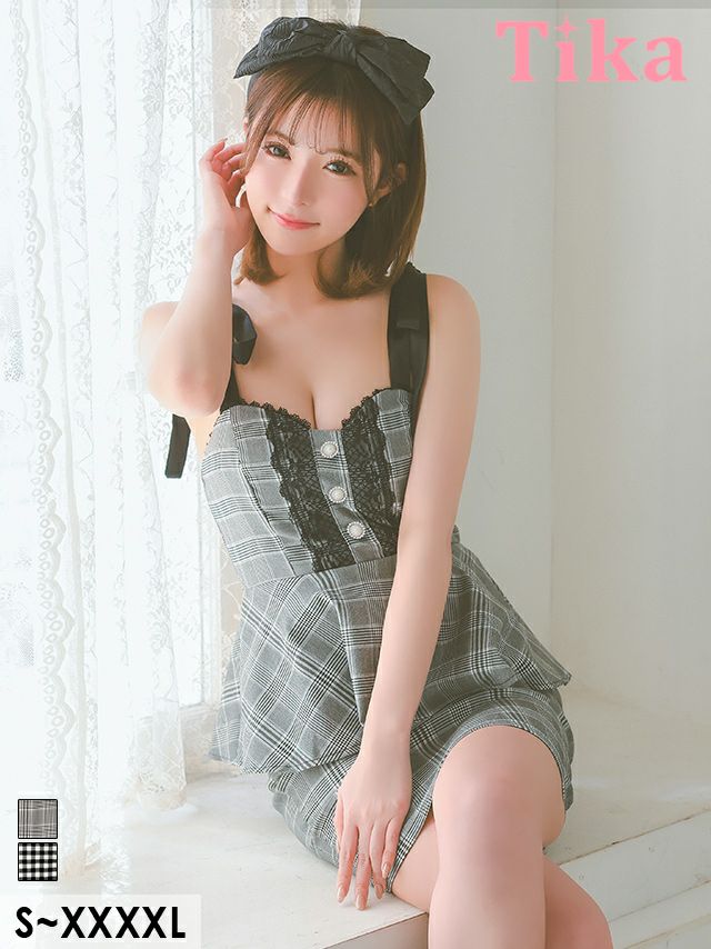 キャバドレス ミニ丈 キャバクラ クラブ ラウンジ チェック柄 レーステープ ボタン キャミソール リボンショルダー ペプラム タイトミニドレス