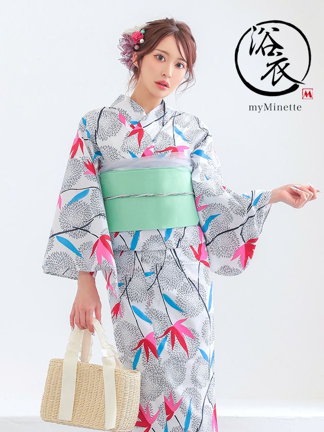 浴衣 プチプラ 安い 白色地 × レトロ モダン 菊 紅葉 柄 2点セット