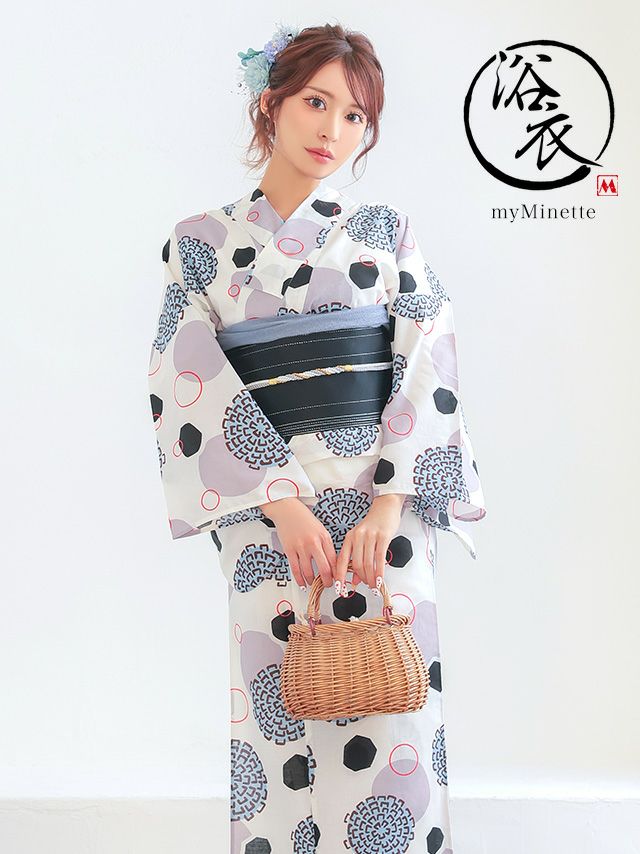 浴衣 プチプラ 安い 白色地 × レトロ モダン 和柄 2点セット