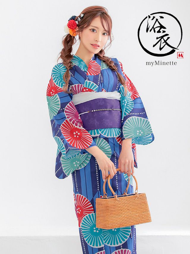 プチプラ 安い 青地 × カラフル 菊柄 レトロ ストライプ 2点セット