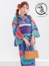 プチプラ 安い 青地 × カラフル 菊柄 レトロ ストライプ 2点セット
