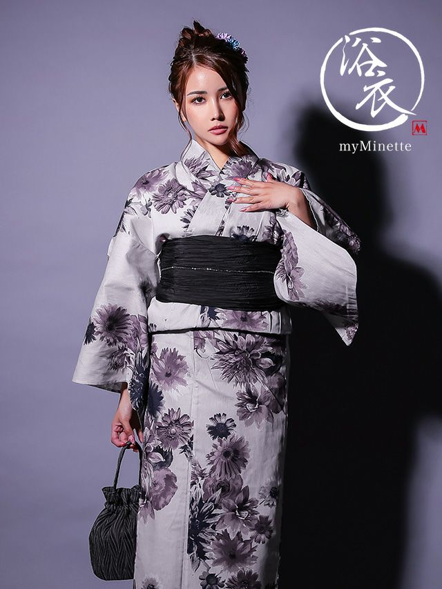浴衣 ヴィンテージフラワー グレー地 2025 粋シリーズ 3点セット