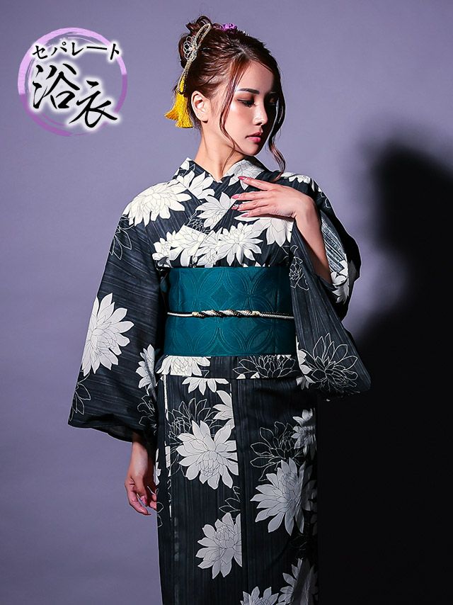 セパレート浴衣 モノトーン ダリア 黒地 2025 粋シリーズ 二部式 3点セット