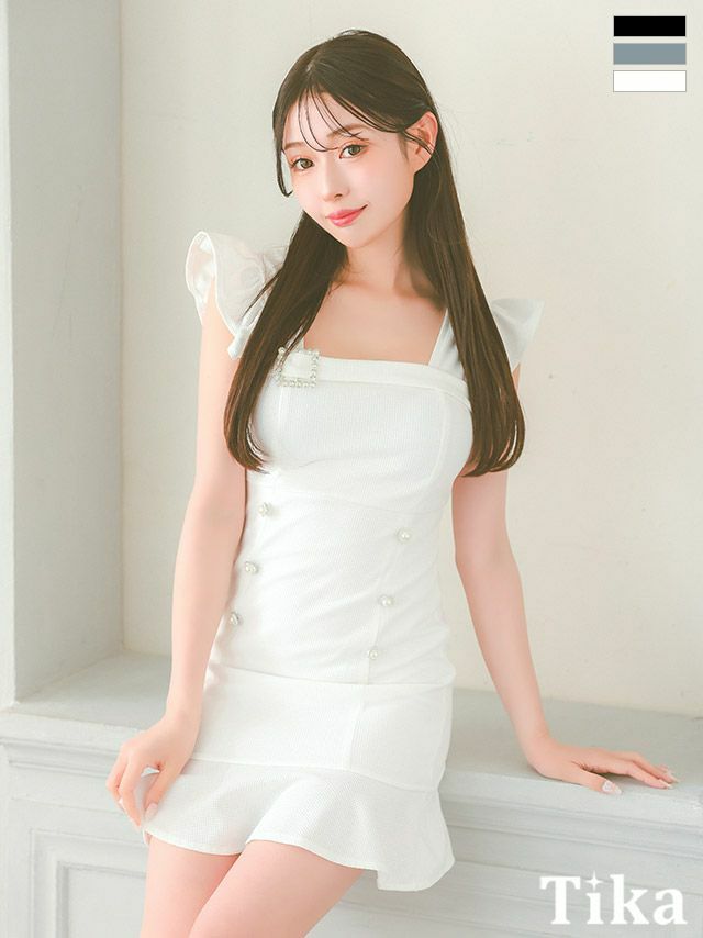 キャバドレス ミニ丈 キャバクラ クラブ ラウンジ ノースリーブ ブリル袖 ワンカラー パールダブルボタン 裾フリル ストレッチ タイトミニドレス