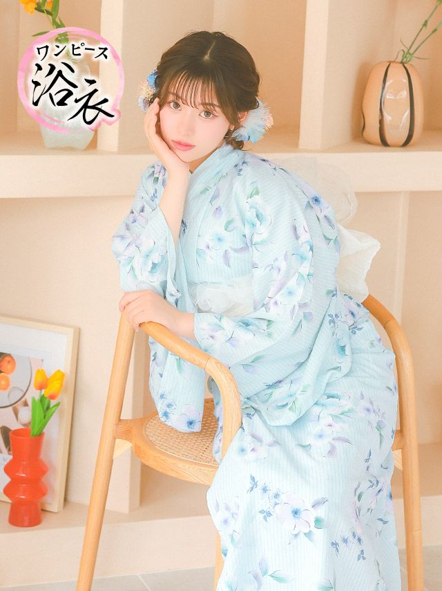 ワンピース浴衣 ベビーブルー ニュアンスフラワー 簡単 一人で着れる 2025 SWEETシリーズ 3点セット