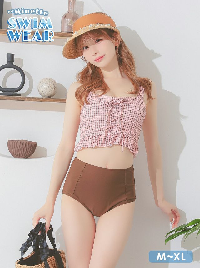 水着 ガーリーチェック ビスチェ レースアップ フリル 体型カバー 韓国風 ハイウエスト ビキニ