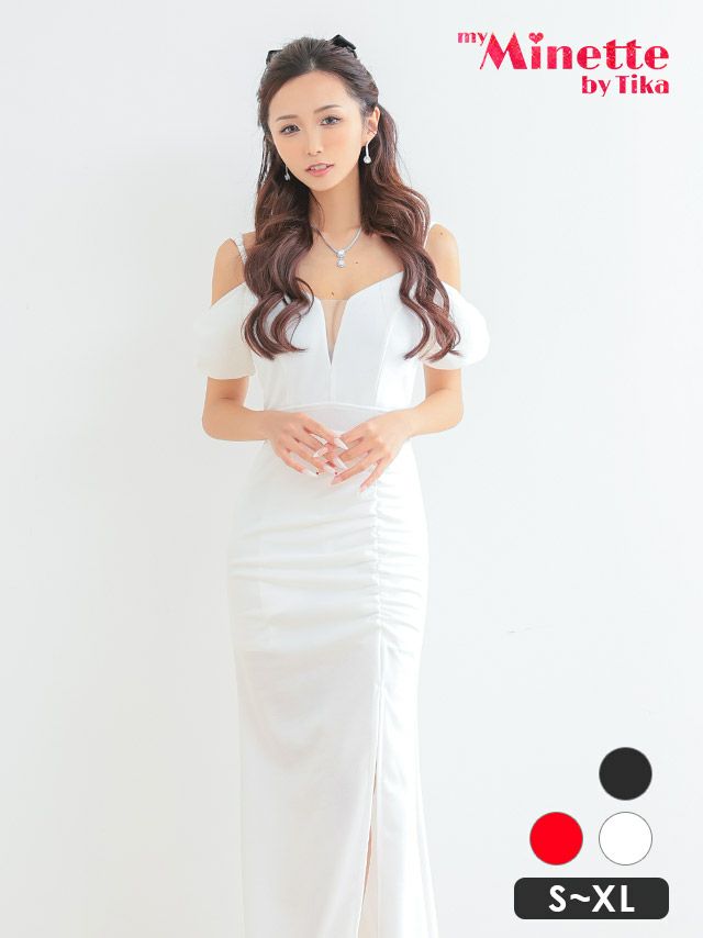 キャバドレス 安い 激安 ミニ丈 キャバクラ クラブ ラウンジ キャミソール シースルー スリット 袖リボン風 肩魅せ セクシー ロングドレス プチプラドレス