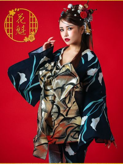 [新作]花魁浴衣 2way 濃紺 菖蒲 5点セット (ゆかた・下駄・平帯・飾り兵児帯・肌襦袢)