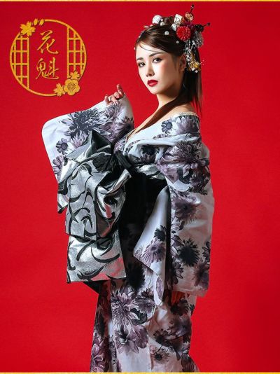 [セール][新作]花魁浴衣 2way グレー地 ヴィンテージフラワー 5点セット (ゆかた・下駄・兵児帯・飾り兵児帯・肌襦袢)