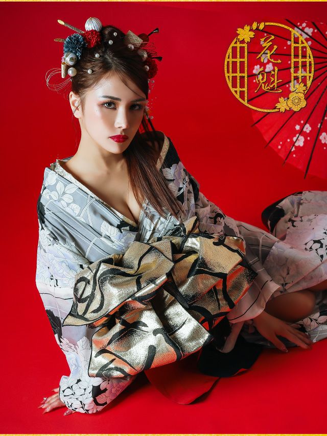 花魁浴衣 2way 縦縞 モノトーン 薔薇 5点セット