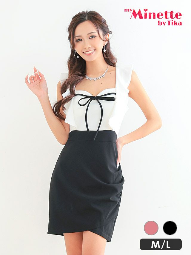 キャバドレス 安い 激安 ミニ丈 キャバクラ クラブ ラウンジ リボン ノースリーブ バイカラー 袖フリル ラップデザイン プチプラ タイト ミニドレス プチプラドレス