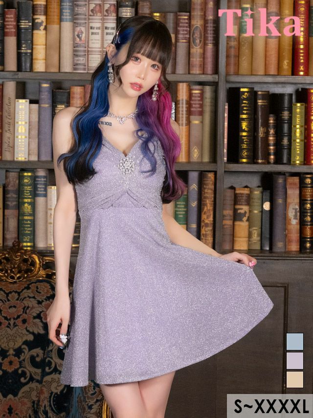 キャバドレス ミニ丈 キャバクラ クラブ ラウンジ キャミソール バストギャザー パールビジュー グリッターラメ フレアミニドレス