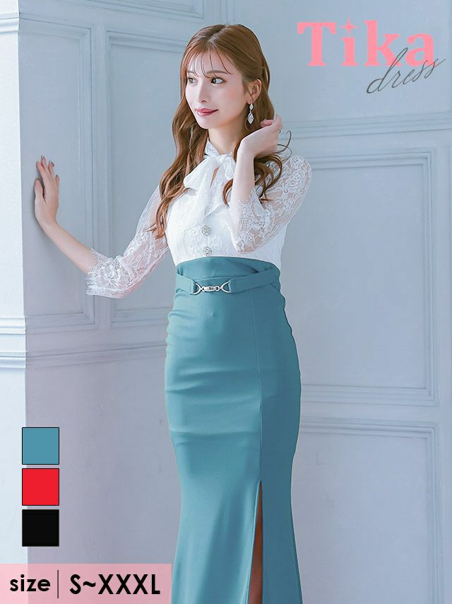 キャバドレス ロング丈 キャバクラ クラブ ラウンジ 袖あり ネックリボン スカラップレース 切替ベルト付き サイド タイトロングドレス