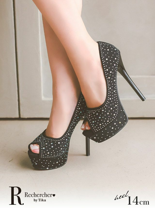 キラキラストーン ハイヒール オープントゥ パンプス (ブラック) (14cmヒール)