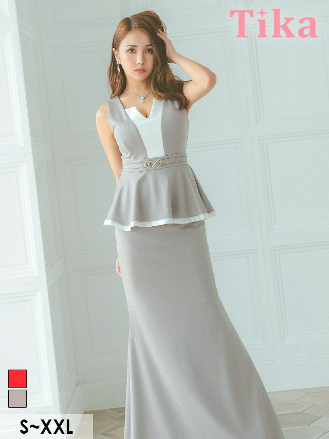 キャバドレス ロング丈 キャバクラ クラブ ラウンジ タイトロングドレス 大きいサイズ スリット ノースリーブ ペプラム ウエストベルト バイカラー ストレッチ ブラジャーのまま