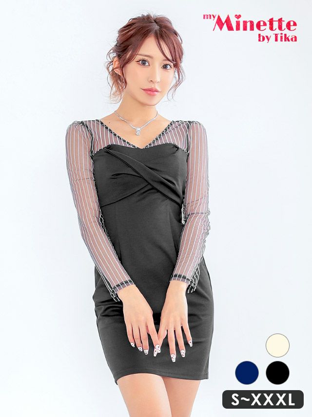 胸元クロスデザイン 長袖 シースルー ストライプ タイト ミニドレス