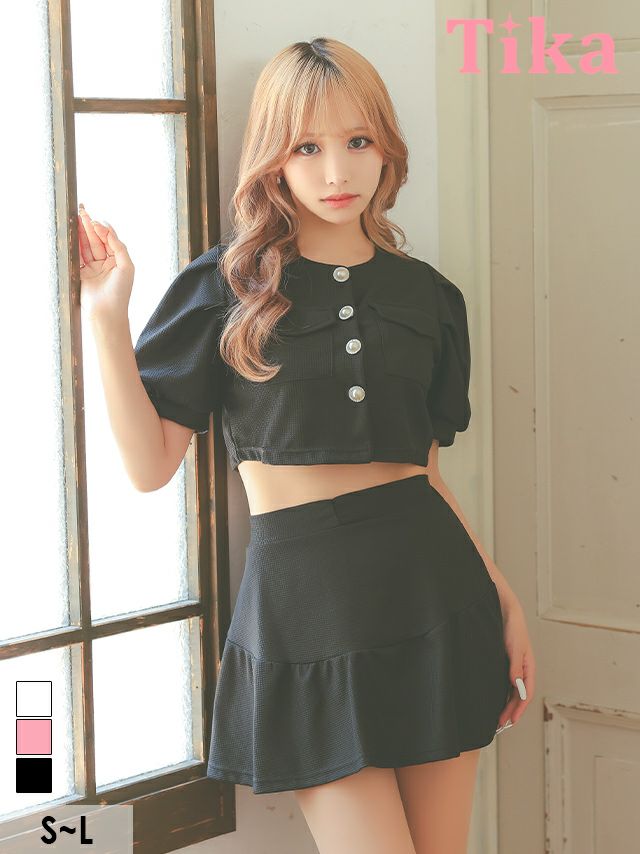 半袖パフスリーブパールボタンワンカラーセットアップフレアミニドレス