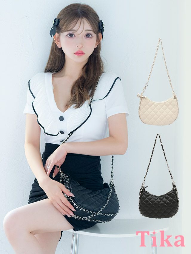 キルティング2wayチェーンショルダーハーフムーンバッグ