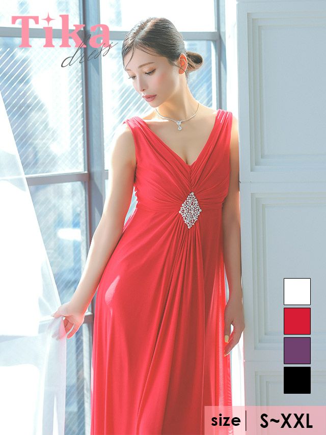 ノースリーブウエストパールシフォンドレープAラインロングドレス