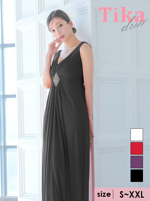 ノースリーブVネックウエストパールドレープAラインロングドレス