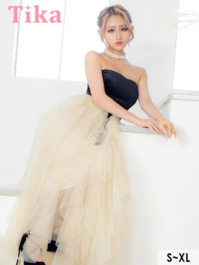 ベアベロアウエストリボン切り替えランダムゴージャスチュール Aラインロングドレス