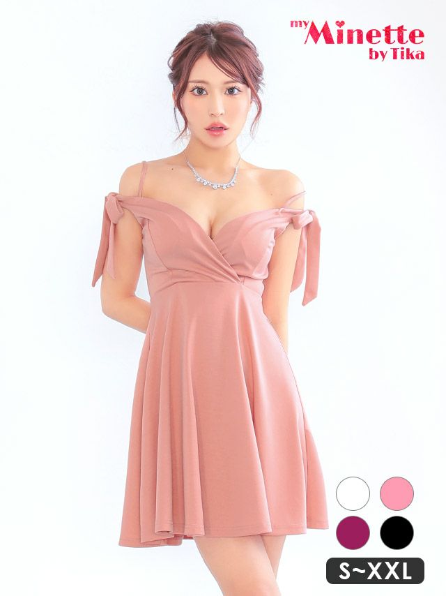 キャバドレス 安い 激安 ミニ丈 キャバクラ クラブ ラウンジ オフショルダー リボン ガーリー キャミソール フレア ミニドレス プチプラドレス