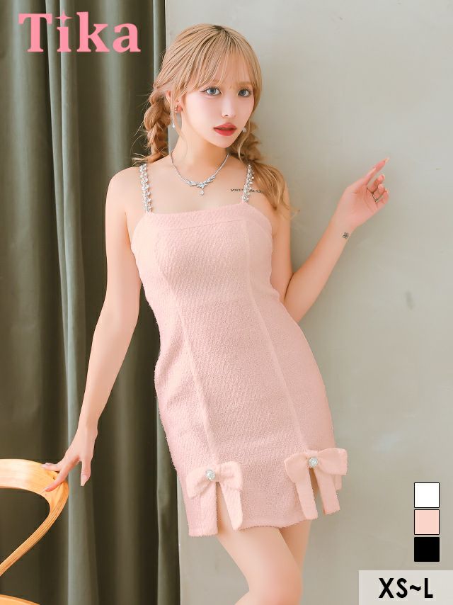 ガーリー チェーン付き キャミソール リボン ツイード ラメ フレアミニドレス