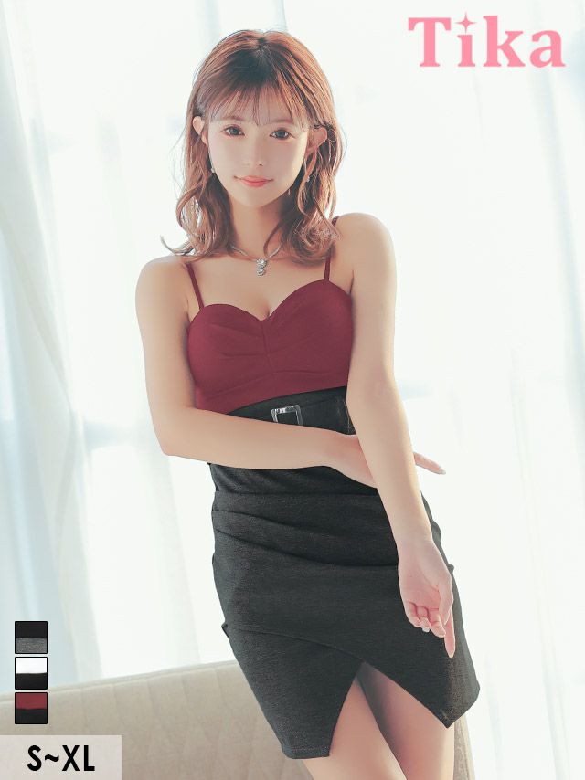 バイカラーキャミソールギャザーラップウエストベルトタイトミニドレス