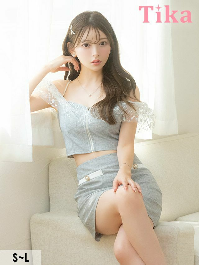 キャバドレス ミニ丈 キャバクラ クラブ ラウンジ タイト ミニドレス 谷間 ジップ セットアップ 肩出し 二の腕カバー ラメチュールショルダー