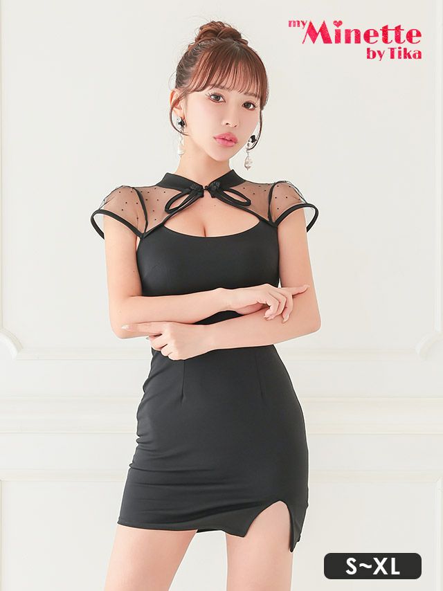 キャバドレス 安い 激安 ミニ丈 キャバクラ クラブ ラウンジ シースルー　ドット柄 チャイナボタン スリット タイト セクシー ミニドレス プチプラドレス