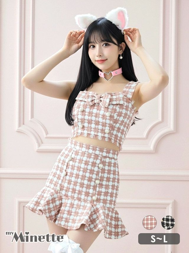 コスプレ ガーリー ノースリーブ ツイード 千鳥柄　アニマル 猫コス へそ出し