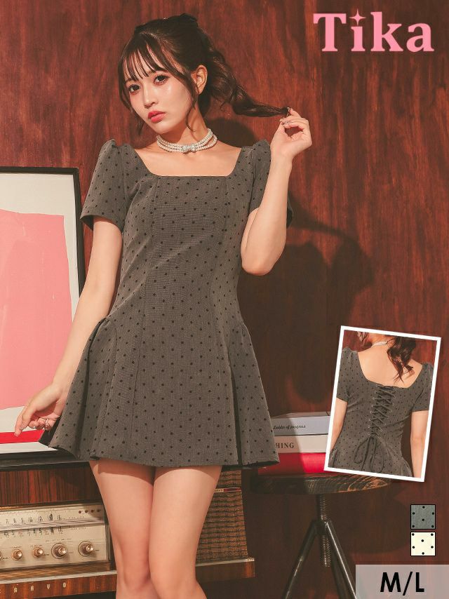 キャバドレス ミニ丈 キャバクラ クラブ ラウンジ ワンピース Aライン ミニドレス 上品 ドット柄 半袖 パフスリーブ バックレースアップ ブラジャーのまま