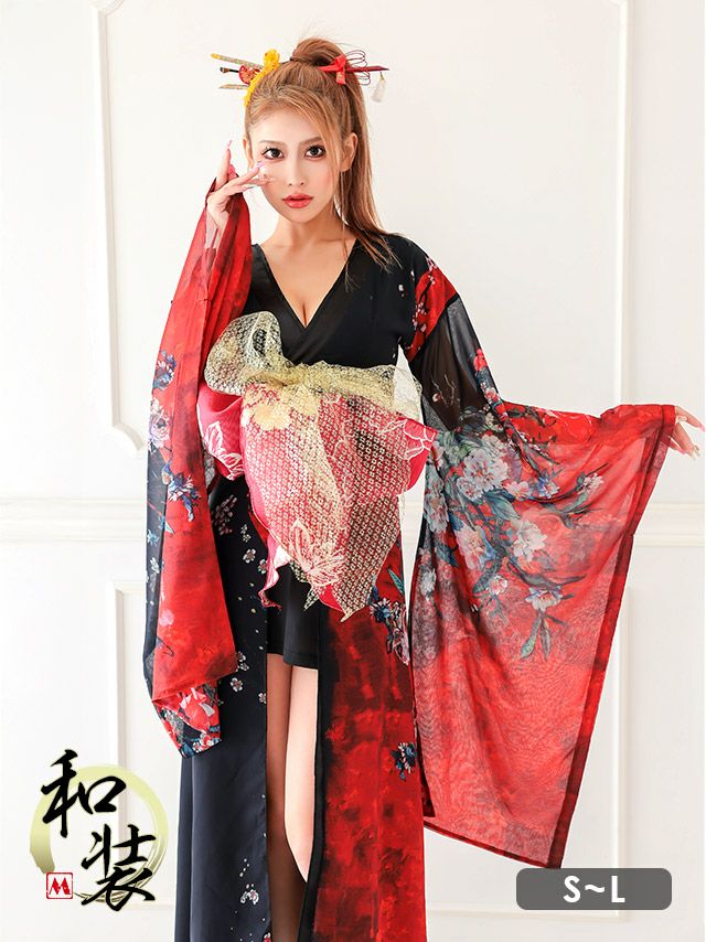 仮装 変装 コスチューム myMinette マイミネット コスプレ 和ドレス セクシー 花魁 長袖 体型カバー ロング丈 3点セット