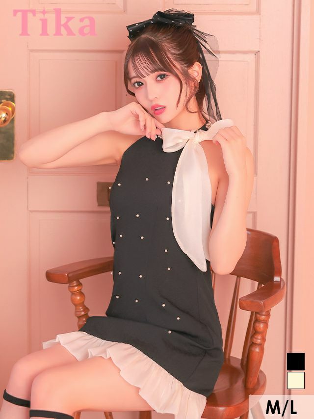 キャバドレス ミニ丈 キャバクラ クラブ ラウンジ ワンピース Aライン ミニドレス ノースリーブ 上品 ハイネック ネックリボン フラワービジュー パール 裾フリル