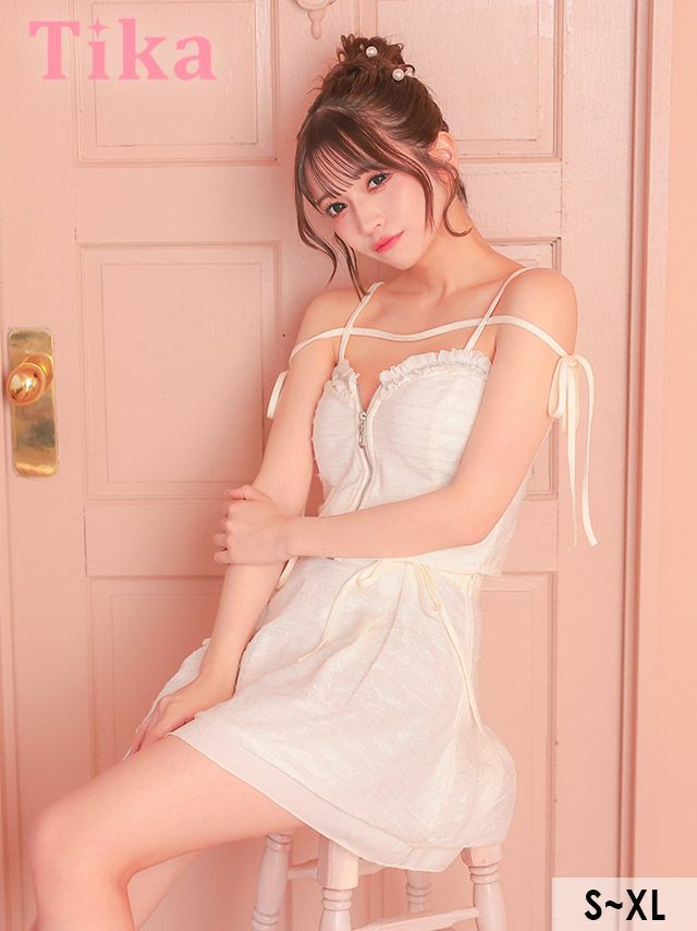 キャバドレス ミニ丈 キャバクラ クラブ ラウンジ Aライン ミニドレス 谷間 セットアップ ストレッチ キャミソール ジップ コード リボン