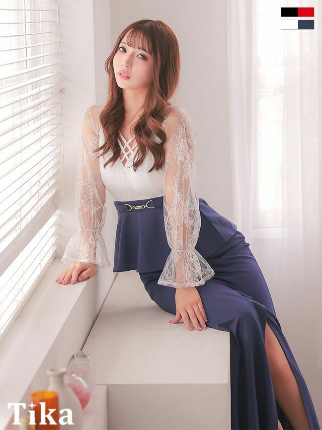 キャバドレス ロング丈 キャバクラ クラブ ラウンジ タイト ロングドレス 長袖 谷間 大きいサイズ レース 大人 スリット ストレッチ バイカラー ペプラム ウエストベルト クロスネック ベルスリーブ