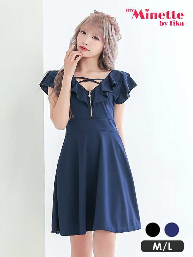 キャバドレス 安い 激安 ミニ丈 キャバクラ クラブ ラウンジ パール付き ジップ 胸元フリル プチプラ 半袖 フレア ミニドレス プチプラドレス